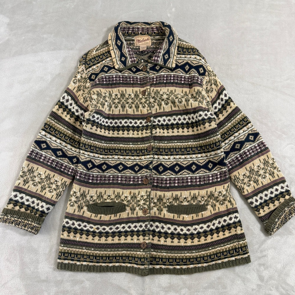Vintage 80s/90's Woolrich Coastal Grandma Knit Cardigan Sweater Medium Earthy